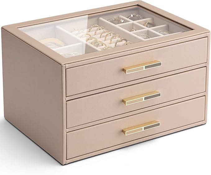 Vlando 3 Layer Jewelry Box for Women, Glass Lid Jewelry Organizer with 3 Drawers for Necklaces Rings Earrings Bracelets - Toffee