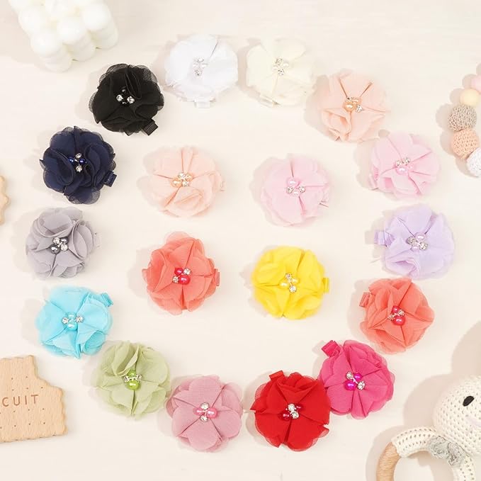 DeD 30PCS 2" Chiffon Flower Hair Bows Clips with Rhinestone Pearl Flower Tiny Hair Clips Fine Hair for Girls Infants Toddlers Set of 15 Pairs