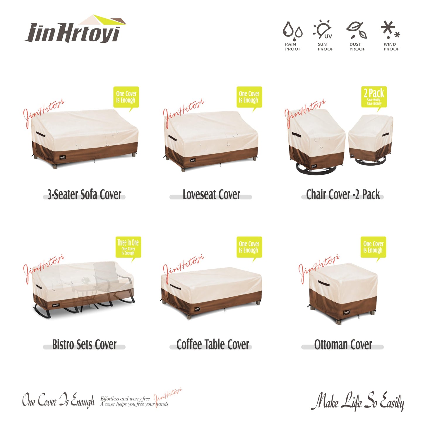 JinHrtoyi Patio Coffee Table Cover,36Wx24Dx16H Inches 100% Waterproof Heavy Duty Outdoor Rectangular Side Table Cover,Beige&Brown Modern Style Outdoor Furniture Covers