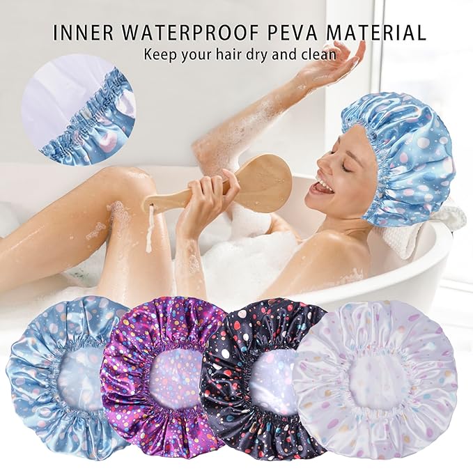 Shower Caps for Women, 4 PCS Elastic and Reusable Bath Caps, Double Layers Shower Cap Reusable Waterproof, Bathing Shower Caps, Environmental Bath Hair Protection Cap - Polka Dots