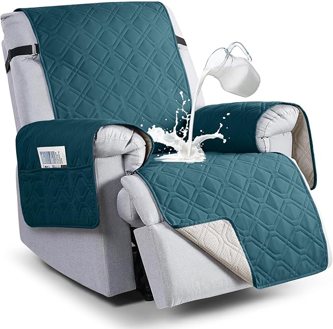 VANSOFY 100% Waterproof Recliner Chair Covers, Recliner Cover Non-Slip Dog Chair Cover Furniture Protector Washable Slipcover with Pocket, Elastic Straps for Pets, Dogs(Peacock Blue, 23.6")