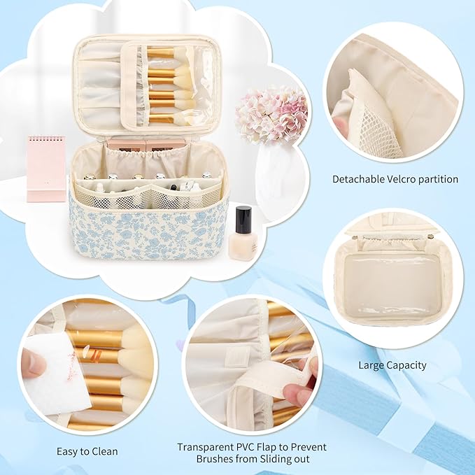 OCHEAL Makeup Bag Set, Portable Travel Makeup Bags Cosmetic Organizer Bag for Women Cute Floral Cosmetic Pouch Large Capacity Make up Bag Toiletry Bags with Divider and Handle-Floral