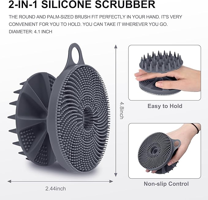 INNERNEED 2-in-1 Silicone Body Scrubber and Scalp Massager Shampoo Brush, Food-Grade Soft Material, More Hygienic, Easily Lather, Convenient for Travel, Gym, Business,etc (Gray)