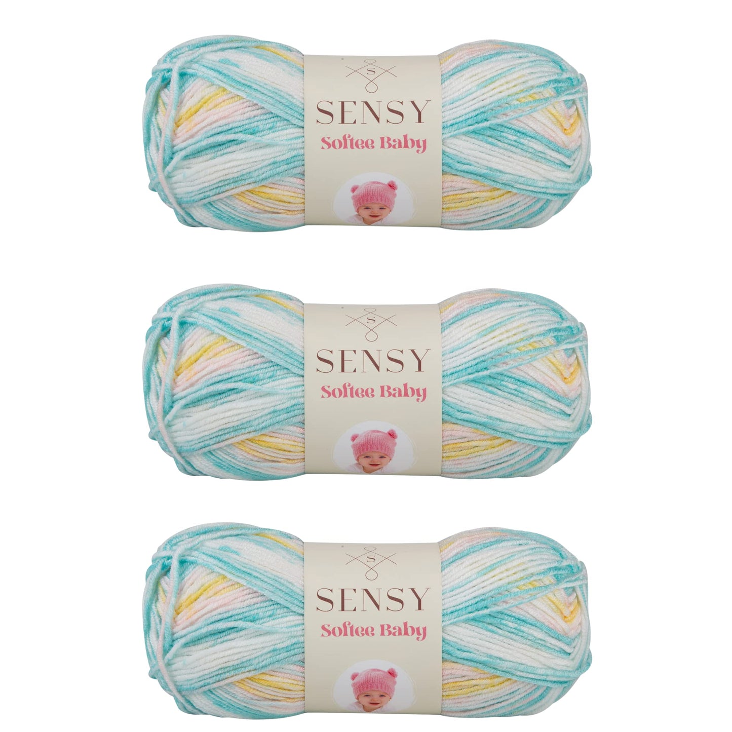 3 Skeins of Sensy Softee Baby Yarn, 3.5 oz, 275 Yards, Gauge 3 Light (Turquoise Yellow Batik)
