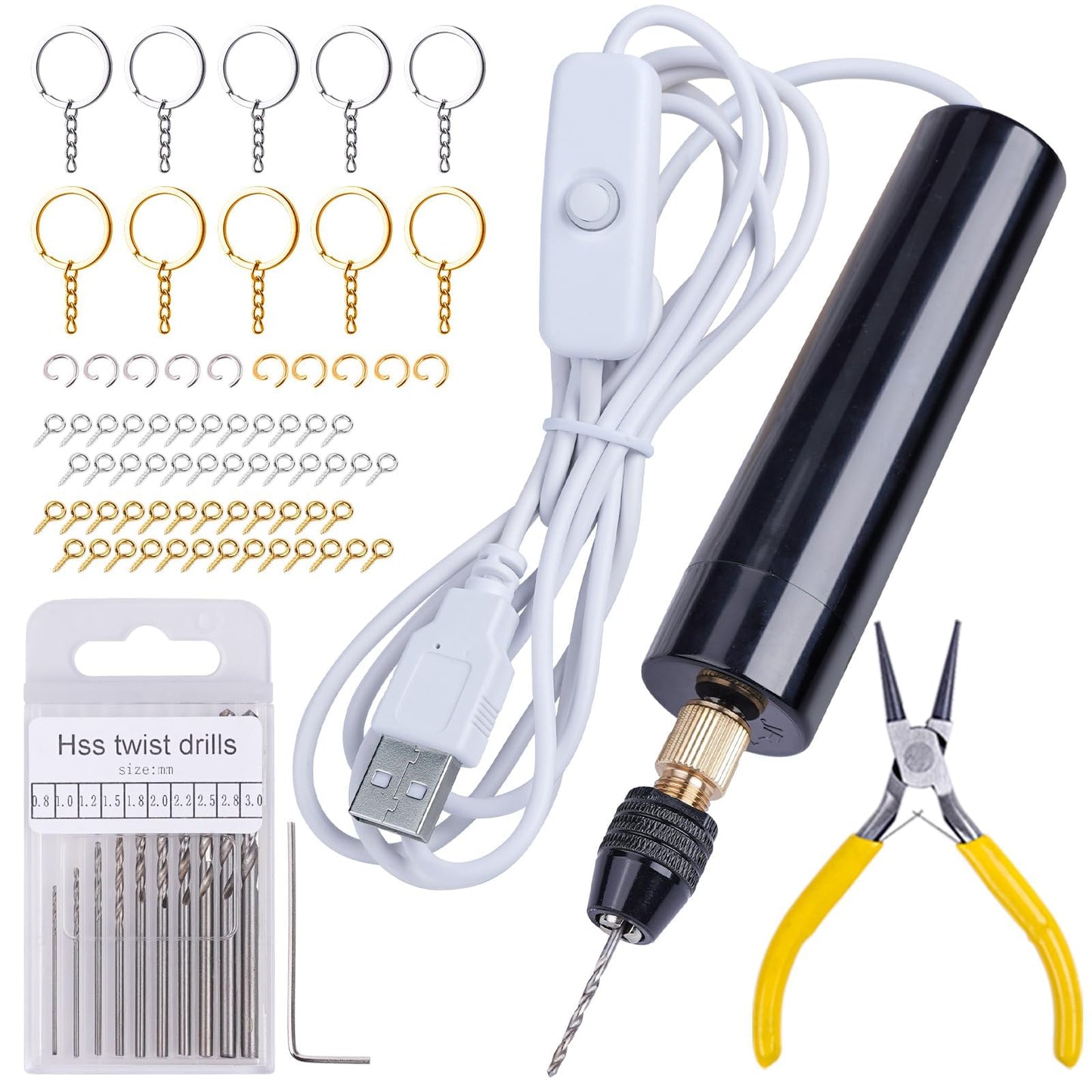 LET'S RESIN Electric Drill, 74Pcs Mini Drill with 3-Jaw Clamp-Applicable to A Larger Drilling Range (0-3mm), Keychain Making Kit, Jewelry Making Kit, Electric Hand Drill for Jewelry, Resin, Plastic