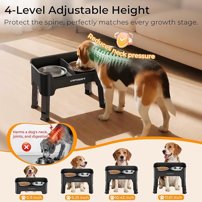 URPOWER Mess Proof Elevated Dog Bowls 4 Height Adjustable Raised Bowl Stand with 2 Stainless Steel Dog Bowls Non-Slip Food and Water Bowl Set for Small and Medium Dogs