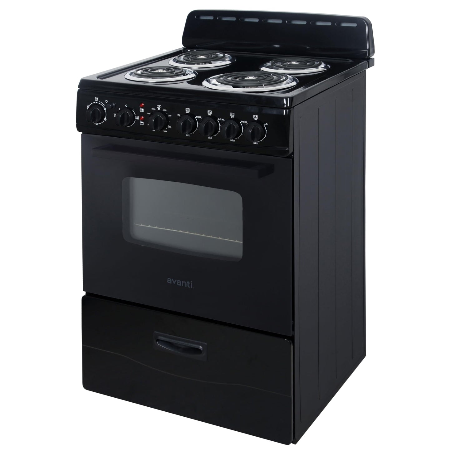 Avanti Electric Range Oven Compact Design, 2.6-Cu.Ft. Capacity with 4 Coil Burners, Framed Glass Oven Door, Storage Drawer and Broiler with Pan Perfect for Apartment RV Tiny Home, 24-Inch, Black