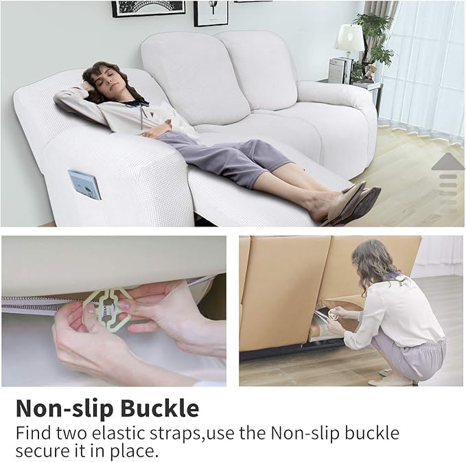 Easy-Going 6 Pieces Recliner Loveseat Stretch Sofa Slipcover Sofa Cover Furniture Protector Couch Soft with Elastic Bottom Kids, Spandex Jacquard Fabric Small Checks Snow White