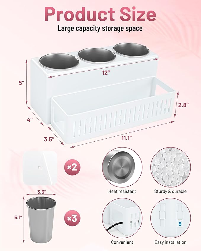 Hair Tool Organizer, Detachable Hair Dryer Holder with 3 Stainless Steel Cups, Wall Mounted Bathroom Organizers and Storage for Accessories, Curling Irons, Straighteners, Toiletries, Makeup