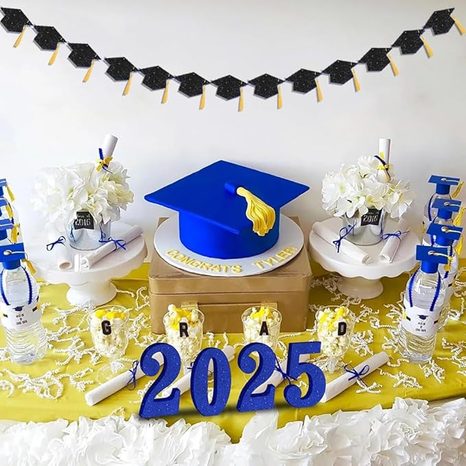 Graduation Decoration Banners 2026 Black Glitter Graduation Hats with Tassel Banners Garlands Class of 2026 Banners for College High School Graduate Party Decorations