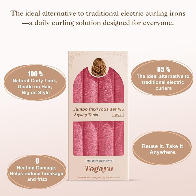 Heatless Curls Overnight Set for Natural Hair, Comfortable Easy-Lock Rollers, Heat-Free Hair Curlers for Long Textured Hair, 8PCS Pink