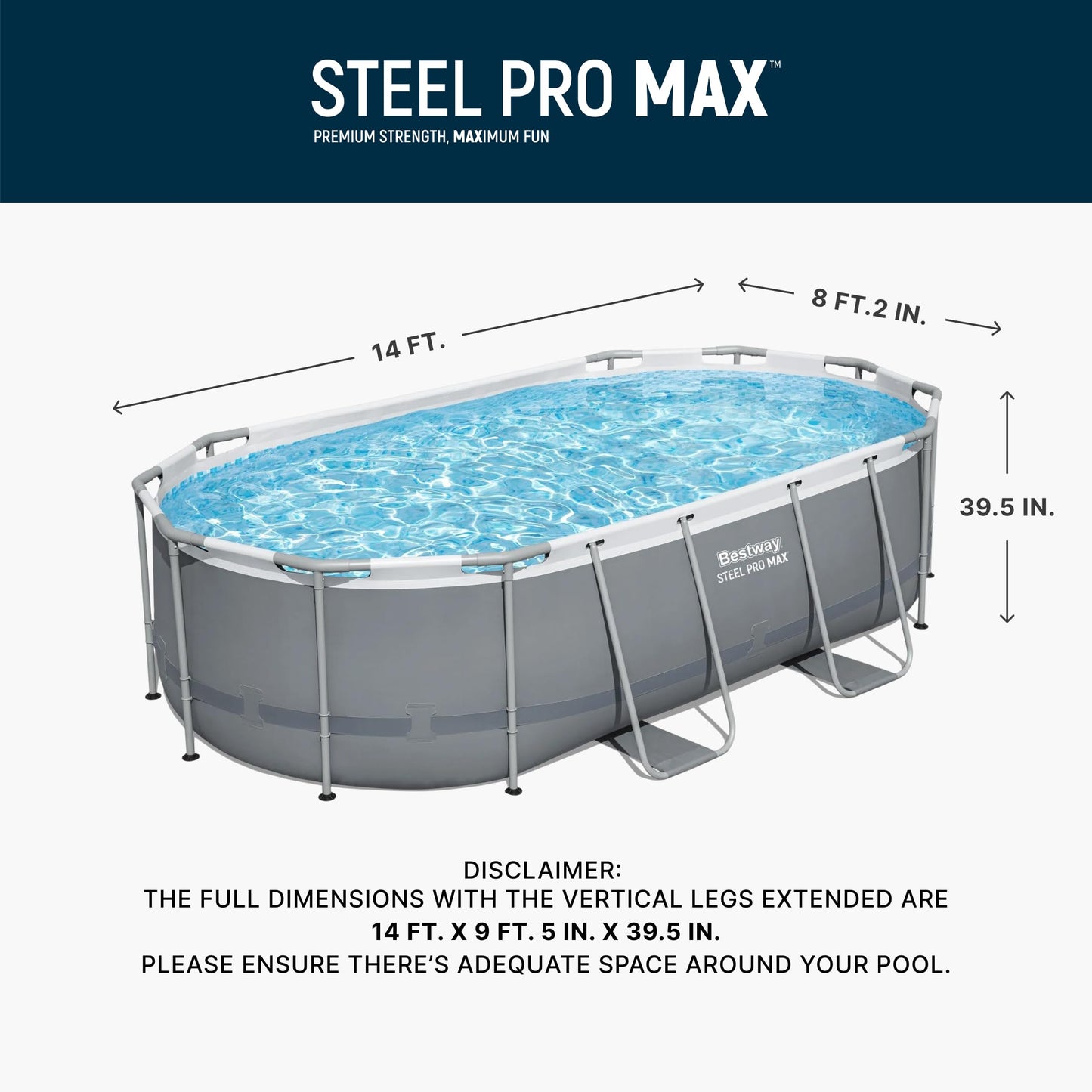 Bestway Steel Pro MAX 14' x 8'2" x 39.5" Oval Above Ground Swimming Pool Set, 530 GPH Filter Pump, Ladder, Tritech Puncture Resistant Liner, ClickConnect Steel Frame, Gray
