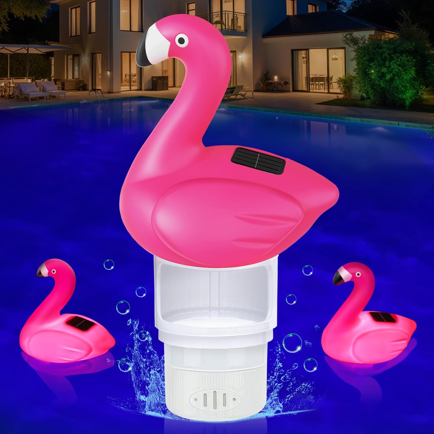 Blufree Pool Chlorine Floater, Solar Flamingo Chlorine Tablet Floater w/Adjustable Release, Glow in The Dark Large Capacity Floating Chlorines Dispenser for Pool Hot Tub Spa