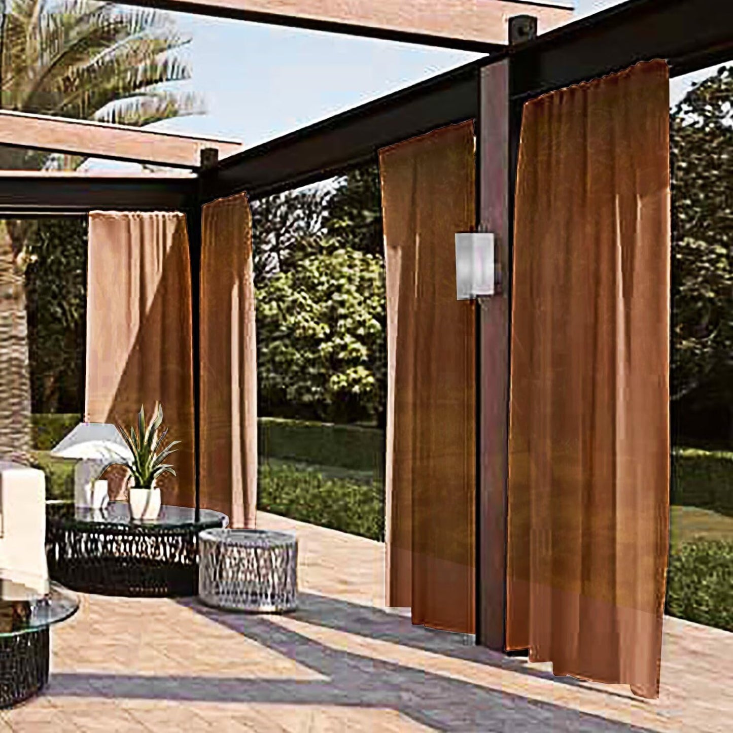 SpaceDresser Waterproof Outdoor Sheer Curtains for Patio - 4 Panels Rod Pocket Indoor Voile Sheer Curtain for Living Room,52W x 84L inch, Brown