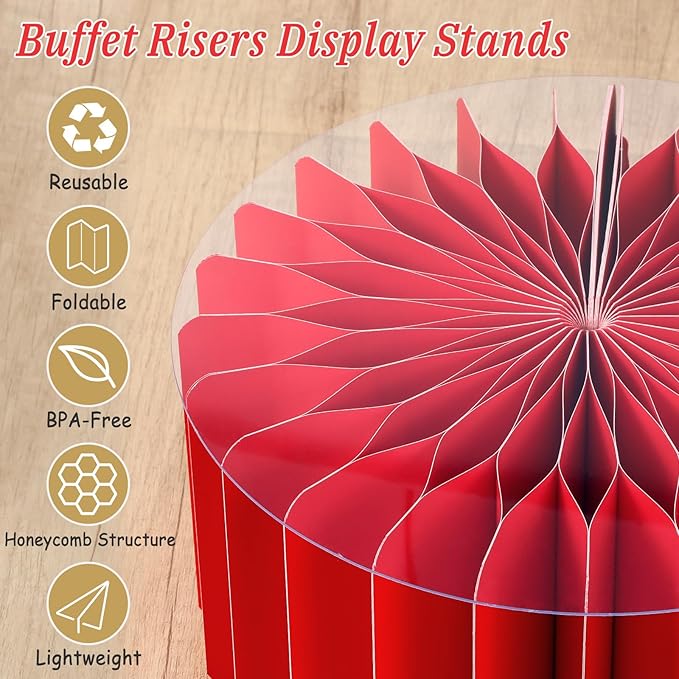 6Pcs Buffet Risers, Valentine's Day Food Risers for Table, Foldable Cake Display Stands, Tall Cardboard Cupcakes Stand for Show Catering Desserts Jewelry Wedding Birthday Party Decoration (Red)