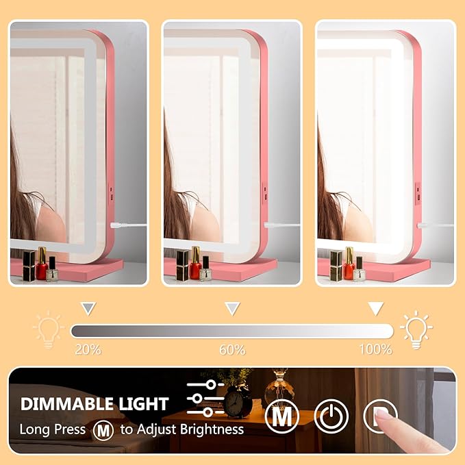 23"x18" Pink Vanity Mirror with Lights, Led Makeup Mirror, Lighted Makeup Mirror with 3 Color Dimmable Lights, Smart Touch Screen Control, Aluminum Metal Frame,USB Charging Port