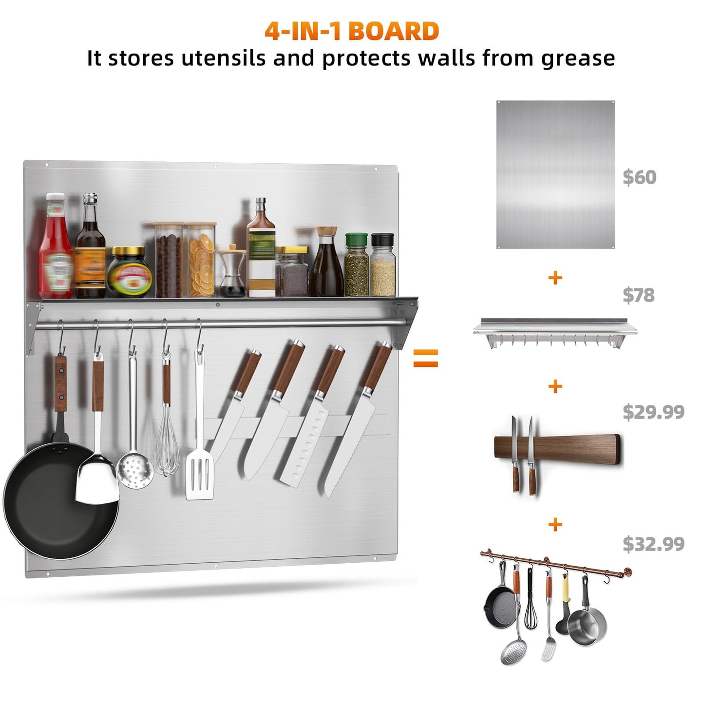Vlaeng 30"x30" Stainless Steel Range Backsplash, Stove Backsplash With Storage Shelf & Magnetic Knife Rack, Stainless Steel Backsplash For Stove, Range Hood Wall Shield With Pre-Drilled Holes