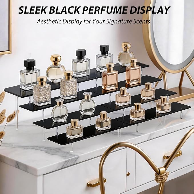 Acrylic Display Stands Risers, Perfume Cologne Organizer, Black 4 Tier Cupcake Stand Riser Shelf Compatible with Funko Pop Figures Food Dessert Makeup Skincare Cosmetics Lotion Organizer (2 PACKS)