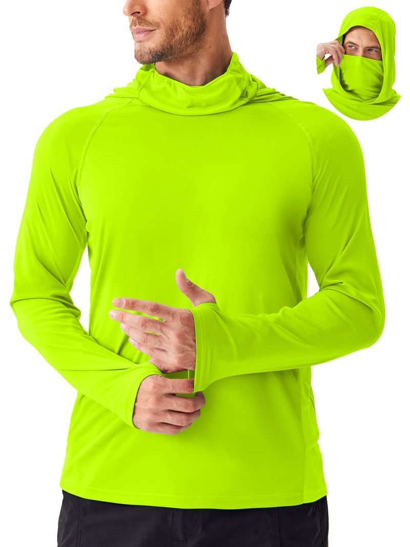 Men's Sun Hoodie Shirt with Mask UPF 50+ Fishing Shirts for Men UV Protection Shirts Long Sleeve Rash Guard Hiking Clothes L Lemon Green