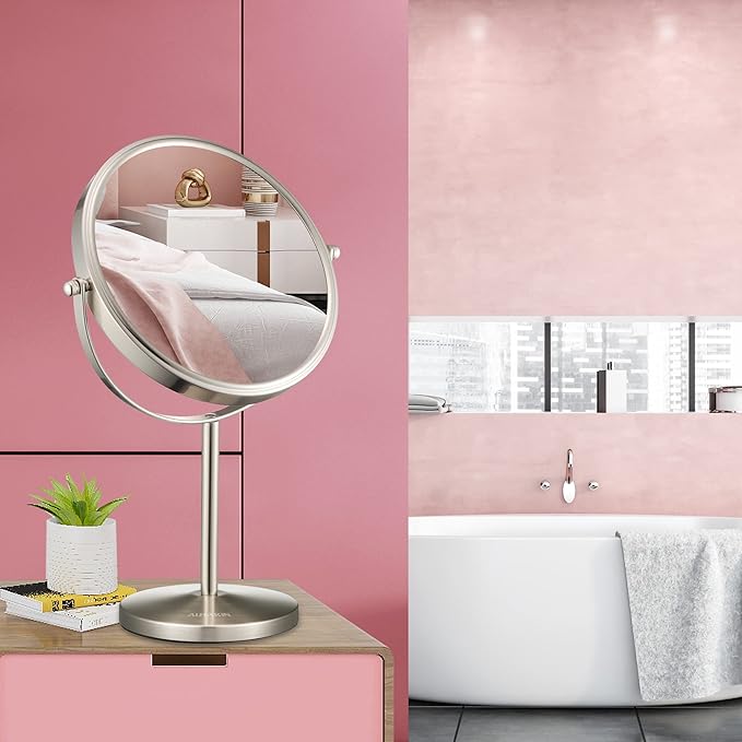 ALHAKIN 10x Magnifying Makeup Mirror, 8 Inch Tabletop Mirror with 1X/10X Magnification Double Sided, Standing Bathroom Makeup Mirror for Desk, Nickel