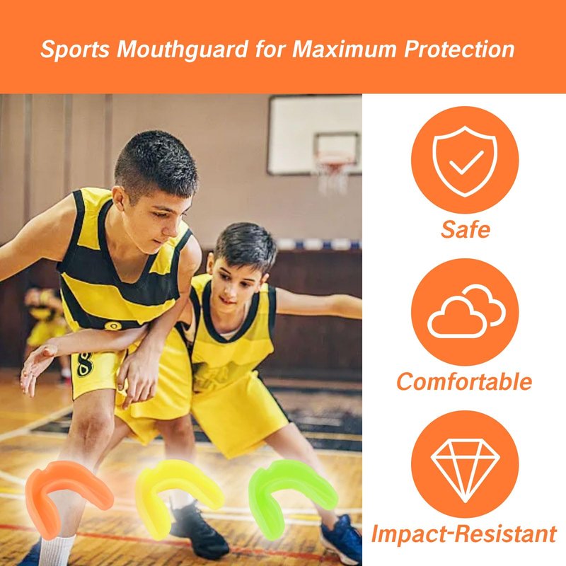 3Pcs Mouth Guard for Braces - Upper & Lower Mouth Guard for Sports - Youth & Adult Soft Mouthguard - Teeth Protection for Football, Jujitsu, Karate (Green, Yellow, Orange)