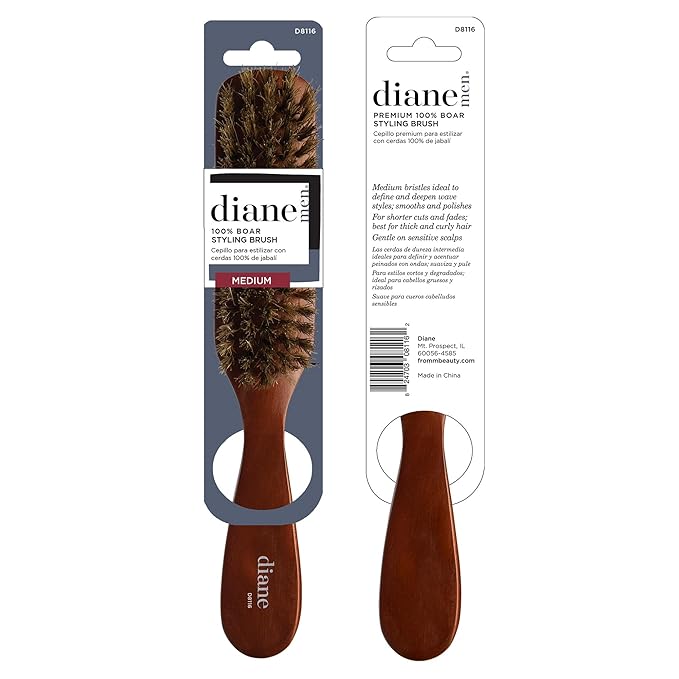 Diane Premium 100% Boar Bristle Styling Brush for Men and Barbers – Medium Bristles for Thick Coarse Hair – Use for Detangling, Smoothing, Wave Styles, Soft on Scalp, Restore Shine and Texture