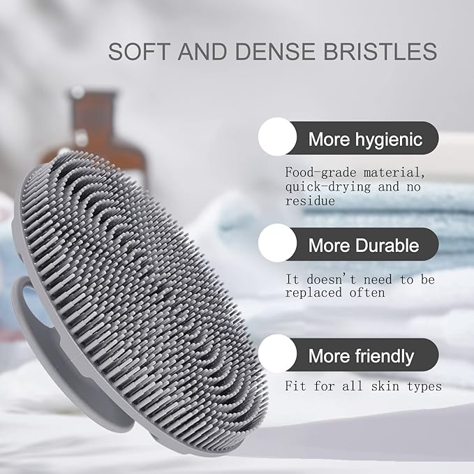INNERNEED Food-Grade Soft Silicone Body Scrubber Shower Brush, with Handheld Facial Cleansing Skin Brush, with Scalp Massager Shampoo Brush (Gray)
