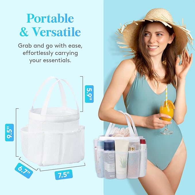 Lifewit Mesh Shower Caddy Portable for College Dorm Room Essentials with 7 Pockets, Freestanding Hanging Organizer Basket, Quick Dry Tote Bag for Camping, Bathroom, Beach, Travel, 1 Pack, White