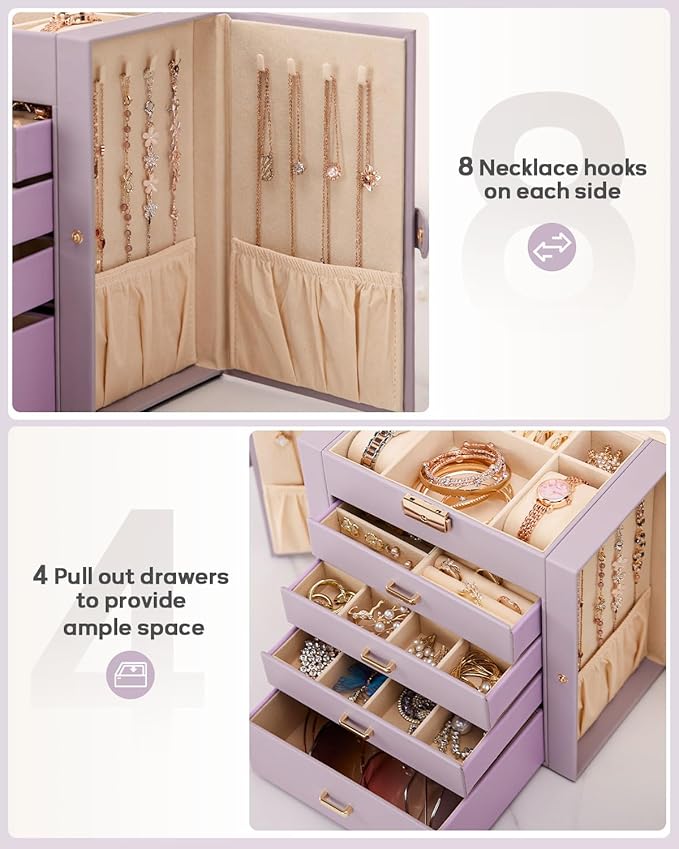 Homde Synthetic Leather Huge Jewelry Box Mirrored Watch Organizer Necklace Ring Earring Storage Lockable Gift Case (Grey Purple + Gold)