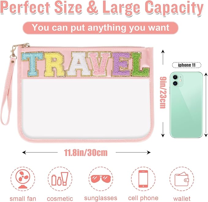 Chenille Letter Clear Travel Bags Purse with Wristlet, Monogram PVC & PU Clear Zipper Pouch, Waterproof Portable Glitter Snacks Makeup Beach Toiletry Bag for Women Girls (TRAVEL-Pink)