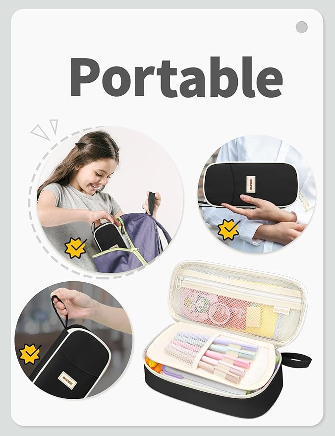 SUNEE Cute Pencil Case, Aesthetic Pen Pouch, Colored Large Pencil Bag with Zipper, Kawaii Stationery Storage and Organizer, School Supplies for Teen and Adult Girls, Black