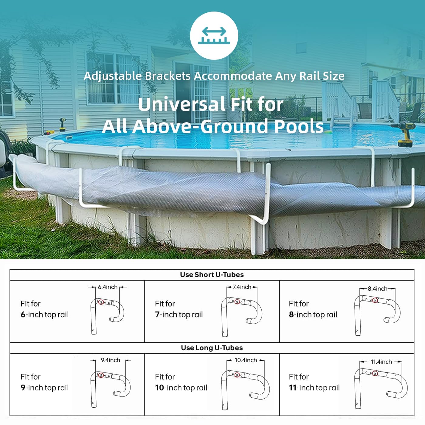 POOL HELPER Adjustable Solar Cover Holder for Steel-Wall Above Ground Pools - Heavy-Duty 5-Pack, No Drilling Required