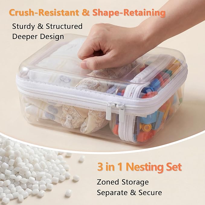 3PCS Travel Essentials for Toiletries with Handles, 1.2MM Thick Clear Hard Shell Zipper Case, Durable Makeup Bag for Cosmetics, Puzzles and Snacks, Clear Travel Bag for Diaper Bag Organizer