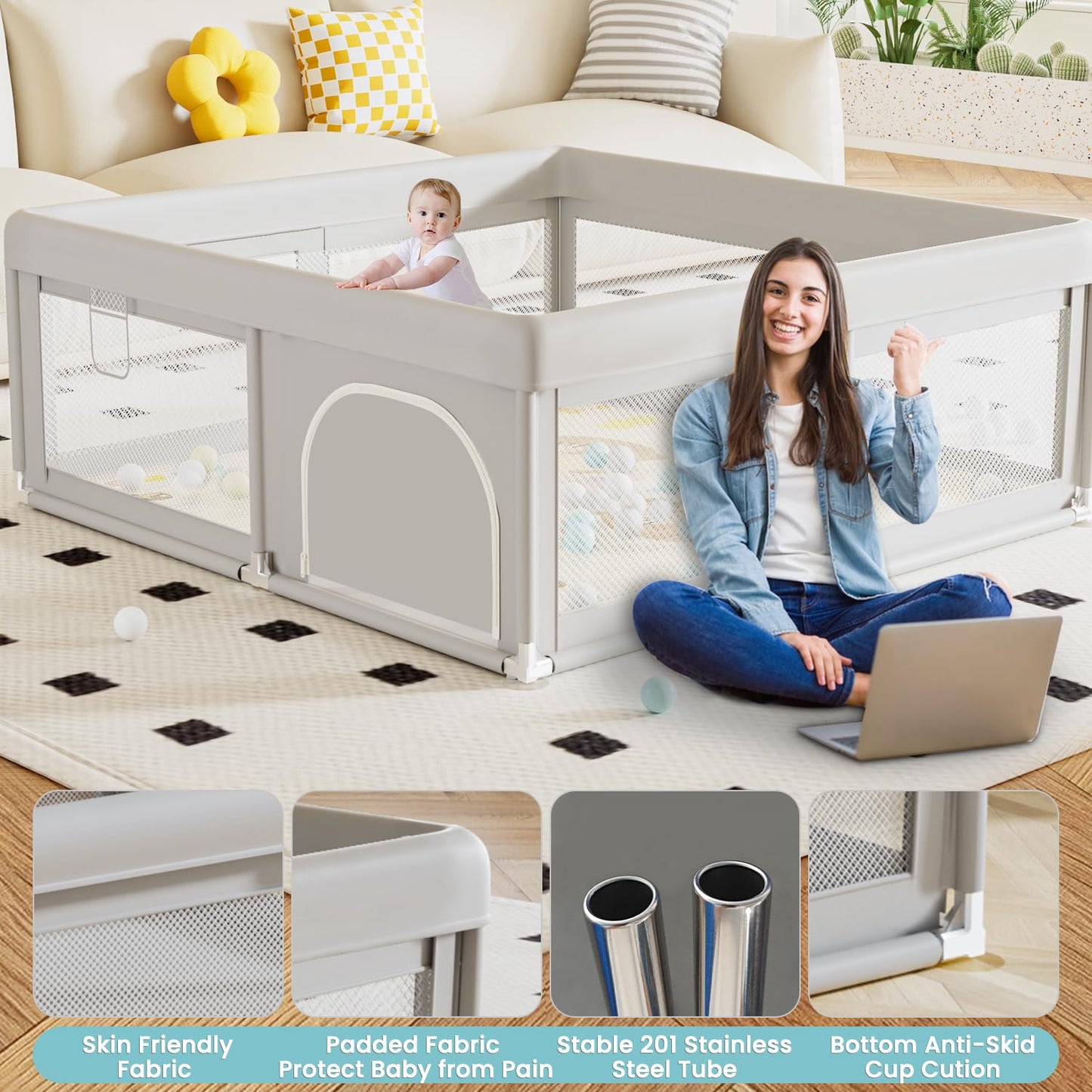 Hiaksedt 50 x 50 inch Baby Playpen with Mat Small Playpen for Babies and Toddlers Baby Fence Playards