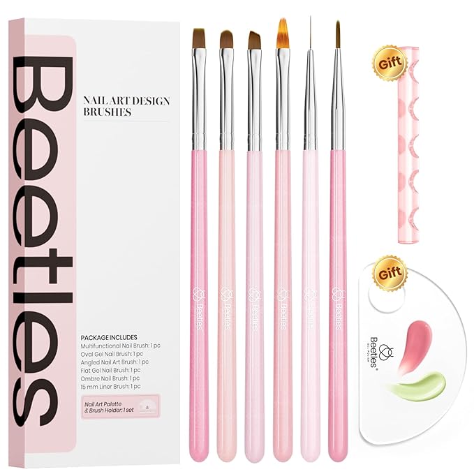 Beetles Nail Art Brushes, 6 Pcs Fingernail Art Design Pens, Pink Handle French Tip Ombre Clean Up Nail Brush Set for Gel Polish with Palette DIY Manicure Tools Gift for Women