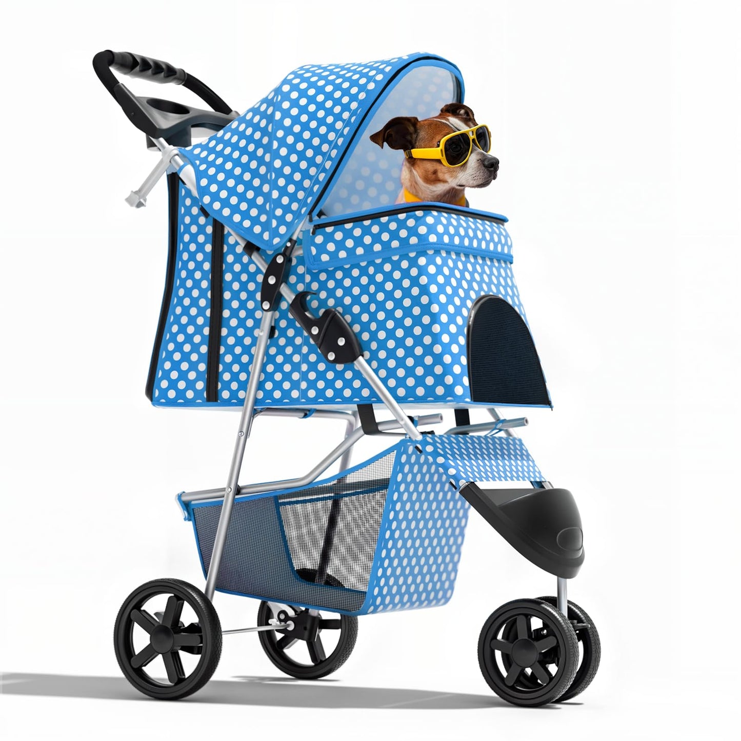 Magshion 3-Wheel Pet Stroller, Foldable Travel Jogger for Small & Medium Dogs & Cats (Up to 33lbs), Lightweight Carrier with Breathable Mesh Cover, Cup Holder & Storage Basket, Sky Blue Polka Dots