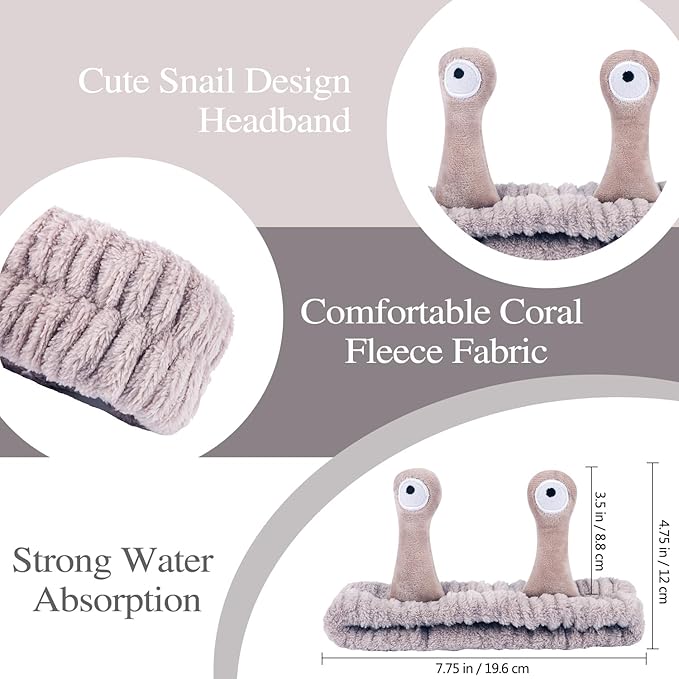 Snail Spa Headband and Wristband Set Skincare Makeup Headband for Washing Face Cute Animal Spa Head Band for Women Girls Black Khaki Grey