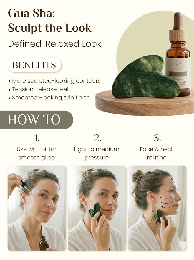 Rena Chris Gua Sha and Face Roller Set: Face Skin Care Tools with Facial Cleansing Brush, 2 Silicone Scrubber Pads & Face Sponge, Travel Bag, Self Care Gift