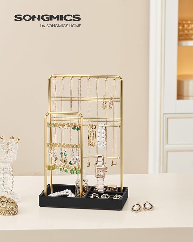 SONGMICS Jewelry Holder, Jewelry Organizer Display Stand with Metal Frame, Velvet Tray, Necklace Earring Bracelet Holder, for Studs, Rings, Gift Idea, Pale Gold and Ink Black UJJS021AB02