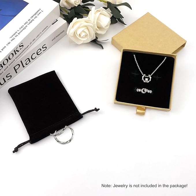 Small Jewelry Gift Box and Velvet Bag, Necklace Bracelet Earring Cardboard Organizer Square Jewellery Gift Box Pendent Storage Case for Birthday Xmas Christmas Wrapping (Light Brown)