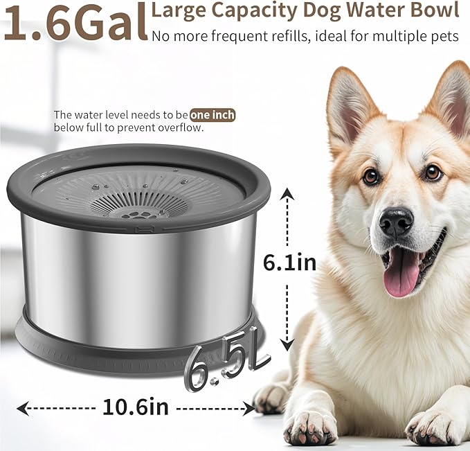6.5L Dog Water Bowl No Spill 1.6 Gallon Stainless Steel Water Bowl for Dogs 220oz Large Capacity No Splash Slow Drinking Feeder with Anti-Slip Mat for Messy Drinkers