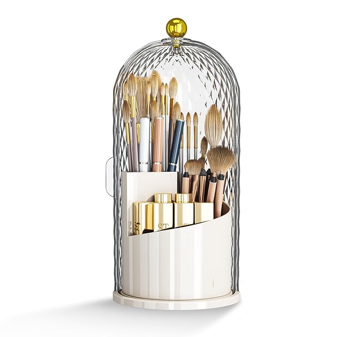 Dustproof Toothbrush Holder with Lid, 360 Rotating Countertop Electric Toothbrush Toothpaste Holders with Cover for Bathroom, 3 Slots Makeup Brush Holder with Lid for Vanity, Clear
