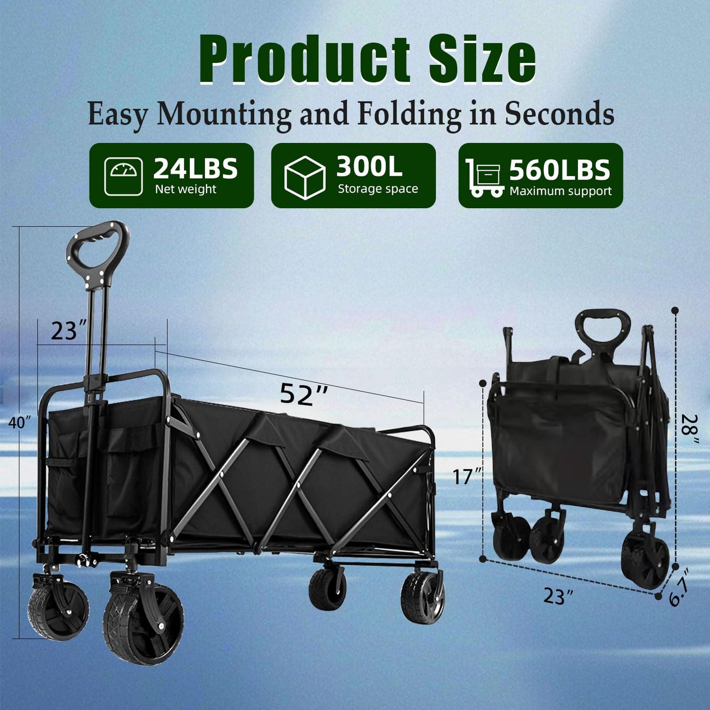 Joxir 52" L Collapsible Wagon Cart Foldable, 300L 560lbs Weight Capacity, Heavy Duty Beach Wagon with Big Wheels, Shopping Carts for Grocery, Camping, Shopping, Beach, Garden Cart