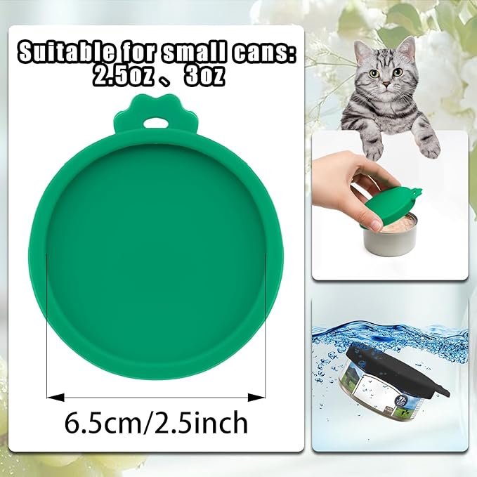 PINE & LINEN 4 Pcs 2.5inch Durable Pet Can Lids,Silicone Small Pet Can Covers Waterproof Cat Food Cans Lids for 3 oz Cat Food Cans(White+Gray+Dark Green+Black)