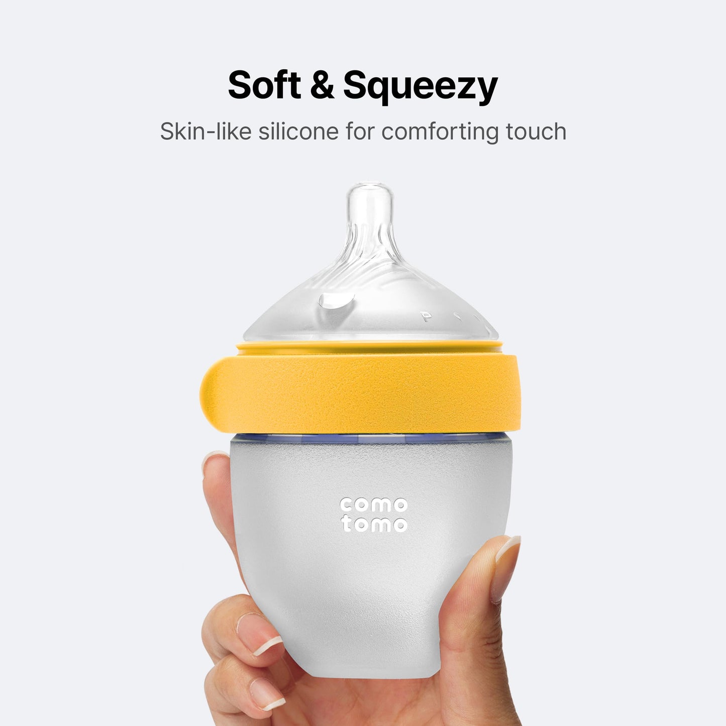 Comotomo Silicone Baby Bottle Gen 2 – 2026 Release (5oz) – True Slow-Flow Nipple for Newborn Feeding (0-3 Months) with Dual Anti Colic Vents for Breast to Bottle Transition, Yellow (Double Pack)