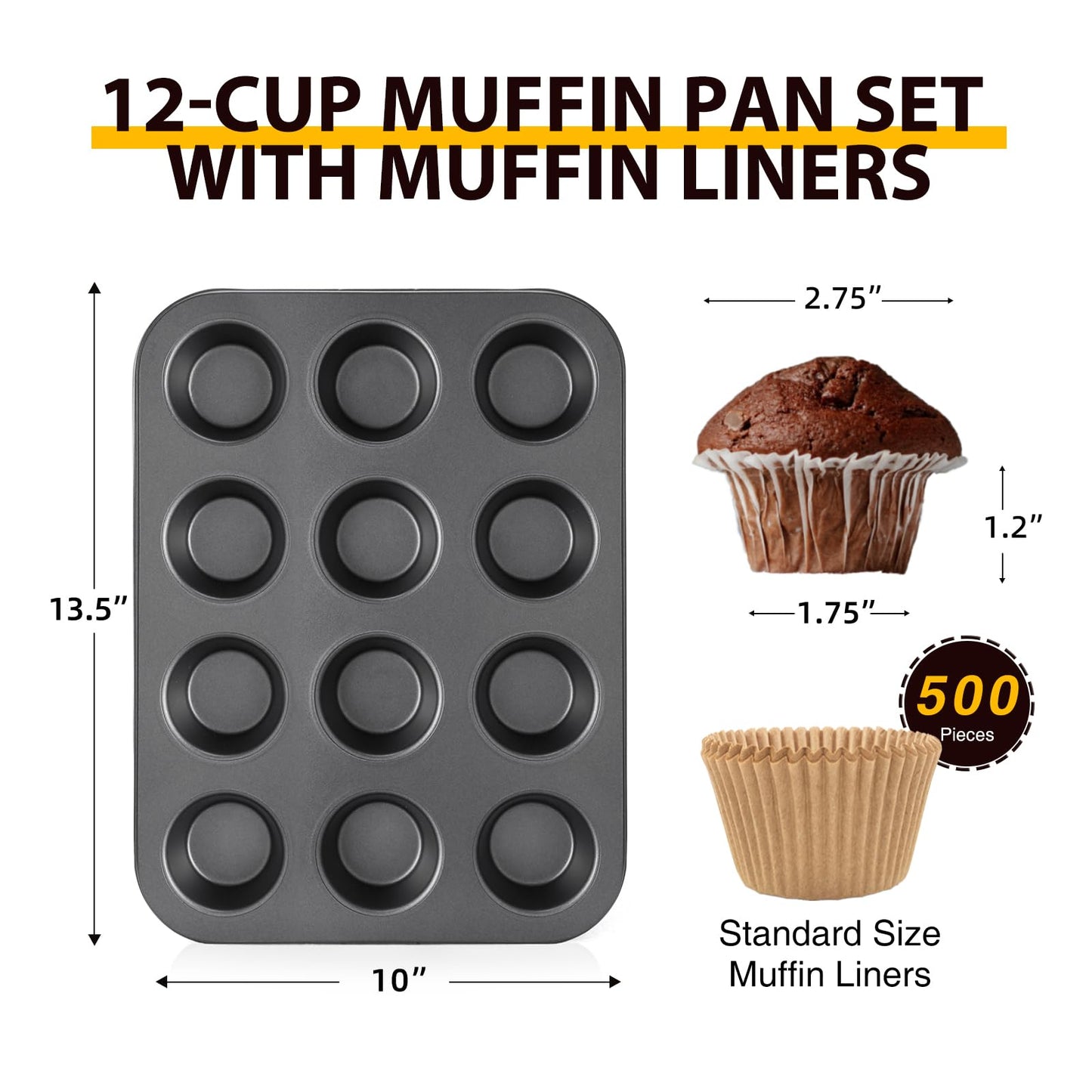 HONGBAKE Muffin Pan with 500 Cupcake Liners, Nonstick Cup Cake Tin for Baking,Premium 12 Cup Cheesecake Trays - Dark Grey