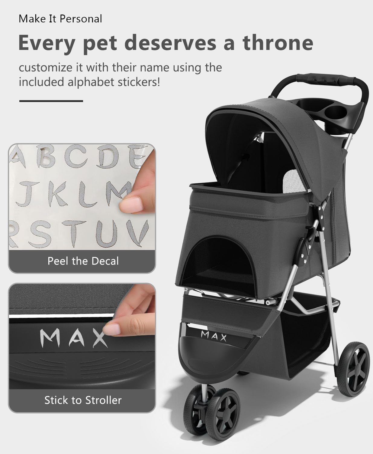 OS MOTOR Pet Stroller with 3 Wheels for Small/Medium Pets, Portable Travel Foldable Carrier Jogger for Dog Cat Puppy Kitty, Rear Wheel Breaks, Storage Basket, Visible Mesh with Weather Cover (Black)