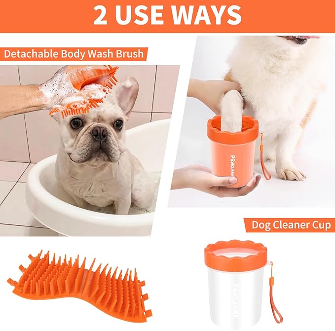 Professional 7 in 1 Dog Paw Cleaner for Dogs & Cats - Includes 1 Portable Paw Washer, 1 Bath Brush, 2 Dog Toothbrushes and 3 Absorbent Towels Note: Fits Paws up to 2 Inches Wide (Orange, Small)