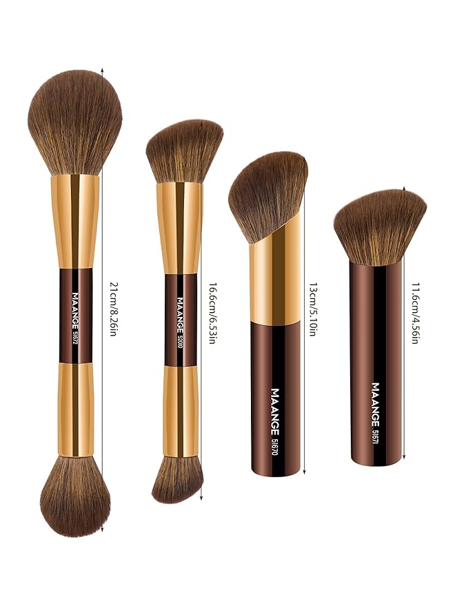 MAANGE 4 PCS Foundation Makeup Brush Set Double-ended Kabuki Brush Contour Brush for Liquid Powder Concealer Cream Cosmetics Blending Blush Face Makeup Tools Kit (Coffee Gold)