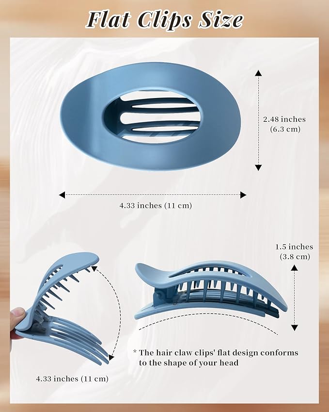 Mesovor 6 Pack Flat Hair Claw Clips, 4.33" Nonslip Large Round Lay Flat Hair Clips | Strong Hold French Flat Hairclips for Lying Down, Yoga, Driving (Blue Matte)